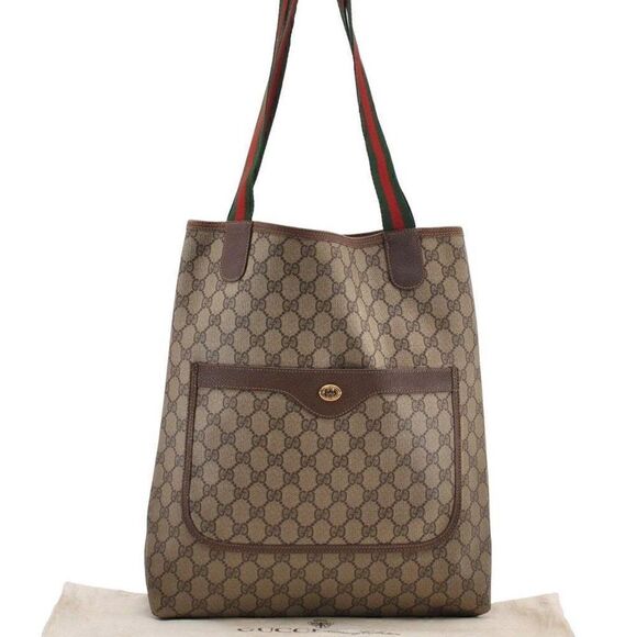 GUCCI Web Sherry Line Shoulder Tote Bag PVC Leather Brown - Picture 1 of 15